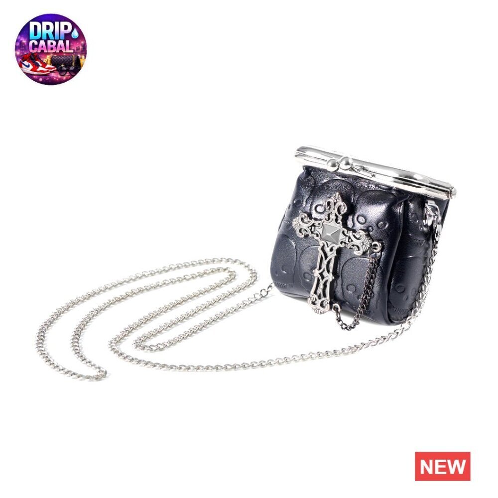Gothic Mini Crossbody Bag Synthetic Leather Chain Kiss Lock Micro Coin Purse